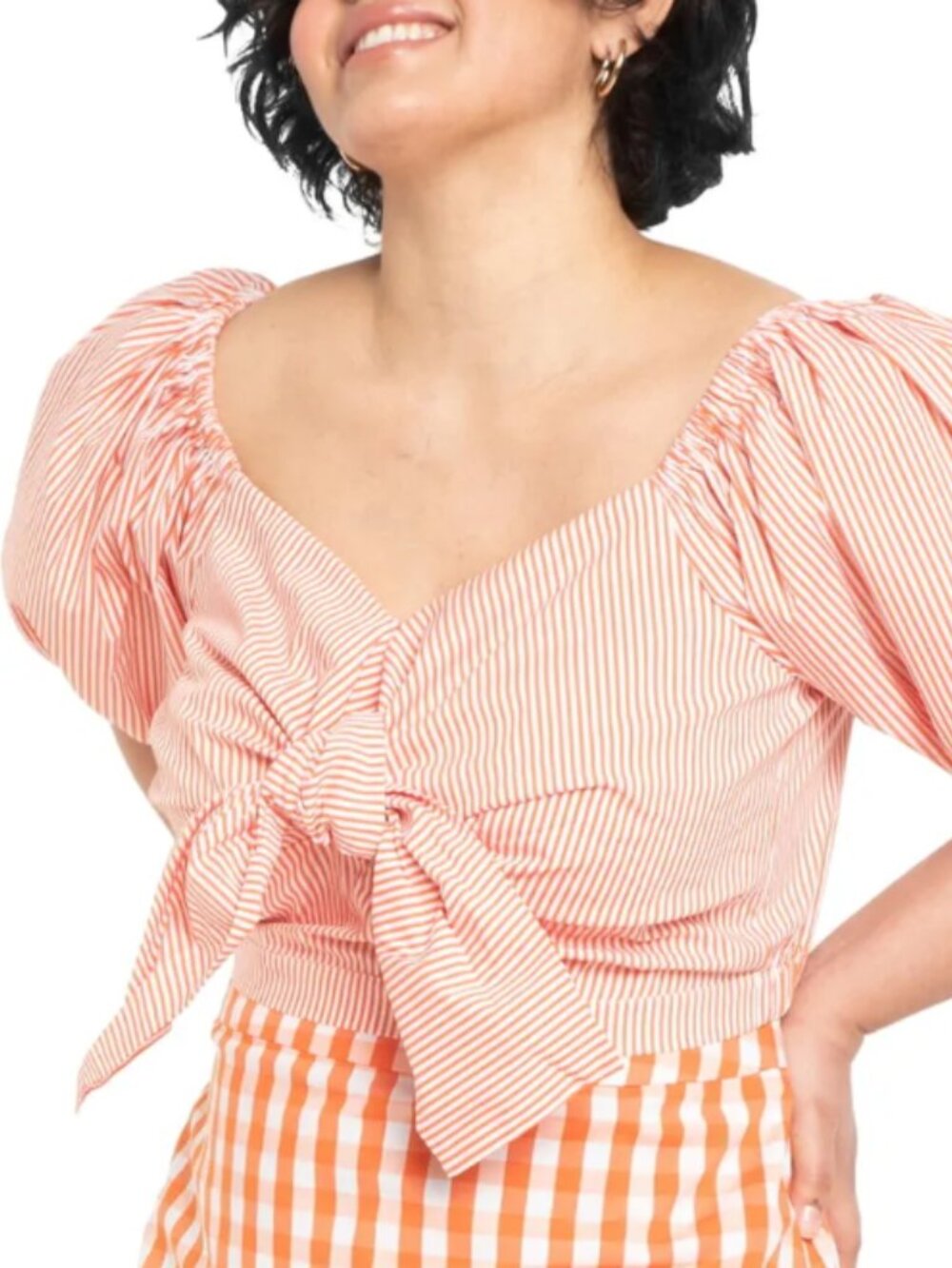 Eloquii Orange Puff Sleeve Tie Front Cropped Blouse Size 18